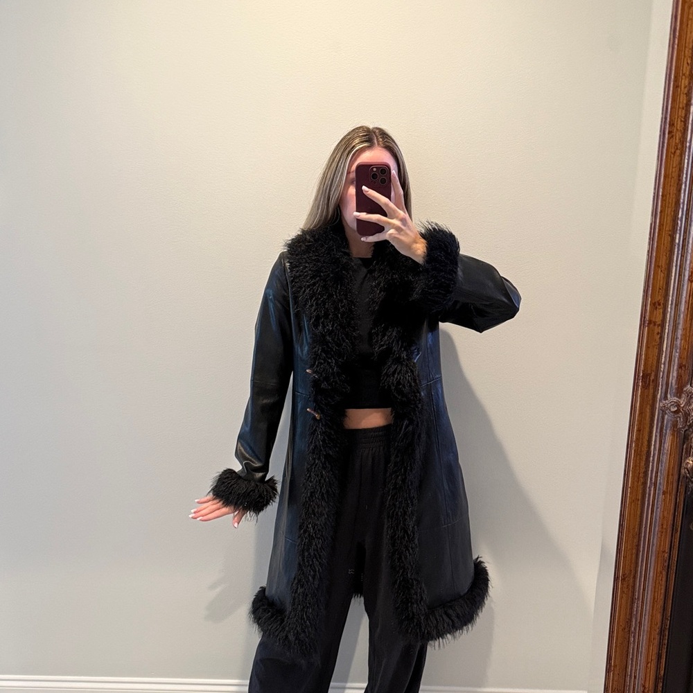 Mango Black Leather Jacket with Faux Fur Trim